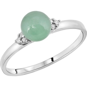 14K White Gold 6mm Round Green Jade with Diamonds Ring, Size 7