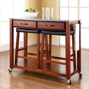 Crosley Granite Top Kitchen Cart with Two Upholstered Saddle Barstools