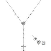 Sterling Silver Cubic Zirconia Crown & Cross Necklace and Earrings Set