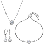 Sterling Silver Cubic Zirconia Halo Necklace and Earrings Set