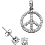 Sterling Silver Cubic Zirconia Peace Sign Necklace and Earrings Set