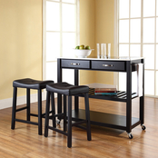 Crosley Stainless Steel Top Kitchen Cart with 2 Upholstered Saddle Stools