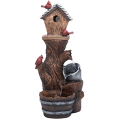 Alpine 32 in. Tall Outdoor Cascading Barrel Water Fountain and Cardinal Birdhouse