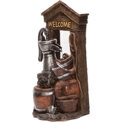 Alpine 24 in. Tall Vintage Water Pump Welcome Sign and Barrels Fountain Yard Decor