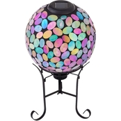 Alpine Solar Powered Pink Glass Mosaic Gazing Globe with LED Lights and Metal Stand
