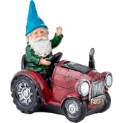 Alpine 10 in. Tall Outdoor Garden Gnome Riding Green Tractor with LED Lights