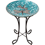Alpine 24 in. Tall Outdoor Mosaic Dragonfly Glass Birdbath Bowl with Metal Stand