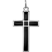 Sterling Silver Rhodium-Plated Brushed and Polished Enamel Black Cross Charm