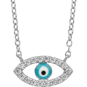 Rhodium Over Sterling Silver Cubic Zirconia and Enamel Eye Necklace