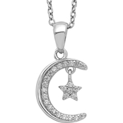 Sterling Silver Polished Rhodium-Plated CZ Moon and Star 18 in. Necklace