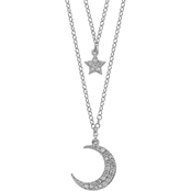 Sterling Silver Rhodium-Plated CZ Star and Moon Pendant Necklace