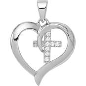 Sterling Silver Rhodium Plated Polished Heart with Cubic Zirconia Cross Charm