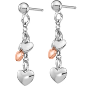 Sterling Silver Rhodium Plated and Rose Gold Plated Heart Dangle Earrings