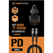 ToughTested 20W PD A+C Car Charger with 6 ft. Coiled C to C Cable