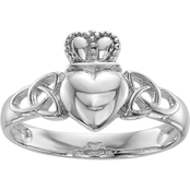 Sterling Silver and Rhodium Plated Polished Claddagh Ring