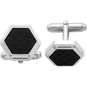 Sterling Silver Rhodium Plated Hexagon Black Carbon Fiber Cufflinks