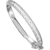 Girls Rhodium Over Sterling Silver Diamond Cut Hinged Bangle Bracelet with Safety