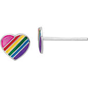 Sterling Silver Rhodium Plated Enamel Kids Rainbow Heart Post Earrings