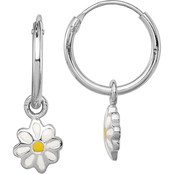Sterling Silver Rhodium Plated Child's Enameled Daisy Hinged Hoop Earrings