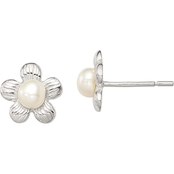 Sterling Silver Flower and Simulated Pearl Post Earrings
