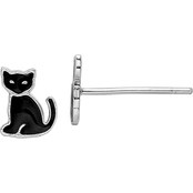 Sterling Silver and Rhodium Plated Enameled Black Cat Post Earrings