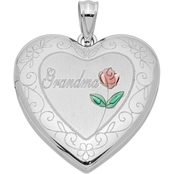 Sterling Silver and Rhodium Plated 24mm Enameled and Diamond Cut Grandma Locket