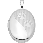 Rhodium Over Sterling Silver Satin and Polished Paw Prints Oval Locket