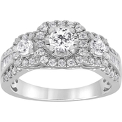 10K White Gold 1 CTW Diamond 3 Stone plus Cushion Halo Engagement Ring