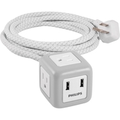 Philips Rubberized Cube 3 Outlet 2 USB Port 10 ft, Braided Cord Surge Protector