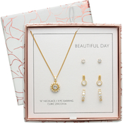 Yellow Goldtone with Cubic Zirconia Box Necklace and Earrings Set
