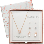 Rose Goldtone with Cubic Zirconia Box Necklace and Earrings Set