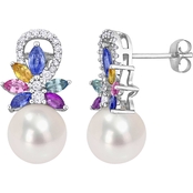 Sofia B. 14K White Gold Pearl Multicolor Sapphire Diamond Flower Drop Earrings