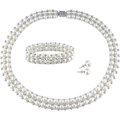 Sofia B. Silver Pearl Bead Double Row Necklace Bracelet and Earrings 3 pc. Set