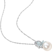 Sofia B. 14K White Gold Diamond Accent Cultured Pearl Aquamarine Flower Necklace