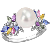 Sofia B. 14K White Gold Pearl Multicolor Sapphire 1/8 CTW Diamond Flower Ring