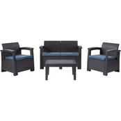 CorLiving Lake Front Black Rattan Patio Set With Blue Cushions 4 pc.