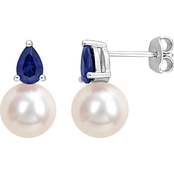 Sofia B. Sterling Silver, Freshwater Pearl and Created Blue Sapphire Stud Earrings