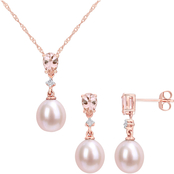 Sofia B. 10K Gold Cultured Pearl Morganite Diamond Earring and Necklace 2 pc. Set