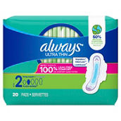 Always Ultra Thin Daytime Pads with Wings, Size 2, Regular, Unscented, 20 ct.
