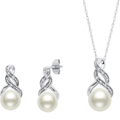 Sterling Silver Freshwater Pearl Diamond Accent Pendant Necklace and Earring  Set