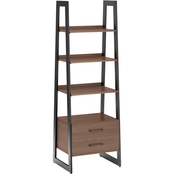 Simpli Home Sawhorse Solid Walnut Veneer and Metal Ladder Shelf with Storage
