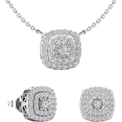 Sterling Silver 1 CTW Diamond Double Halo Pendant and Earring Set