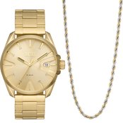 Diesel MS9 Three-Hand Date Gold-Tone Stainless Steel Watch and Necklace Set
