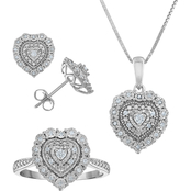 Sterling Silver 1/3 CTW Diamond Heart Shape Ring, Earrings and Pendant Set Size 7