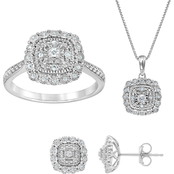 Sterling Silver 1/3 CTW Diamond Cushion Shape Ring, Earring and Pendant Set
