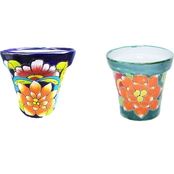 Talavera Flower Pot 4 in. Blue and Green Traditional