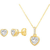 NES 14K Gold Sterling Silver Cubic Zirconia Heart Necklace and Stud Earring Set