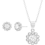 NES Sterling Silver Cubic Zirconia Halo Floral Pendant and Stud Earring Set