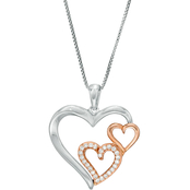 Sterling Silver and 10K Rose Gold 1/8 CTW Diamond Hearts Pendant