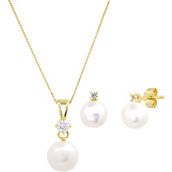 Sterling Silver Yellow Gold Plate Cultured Pearl & Created White Sapphire Set